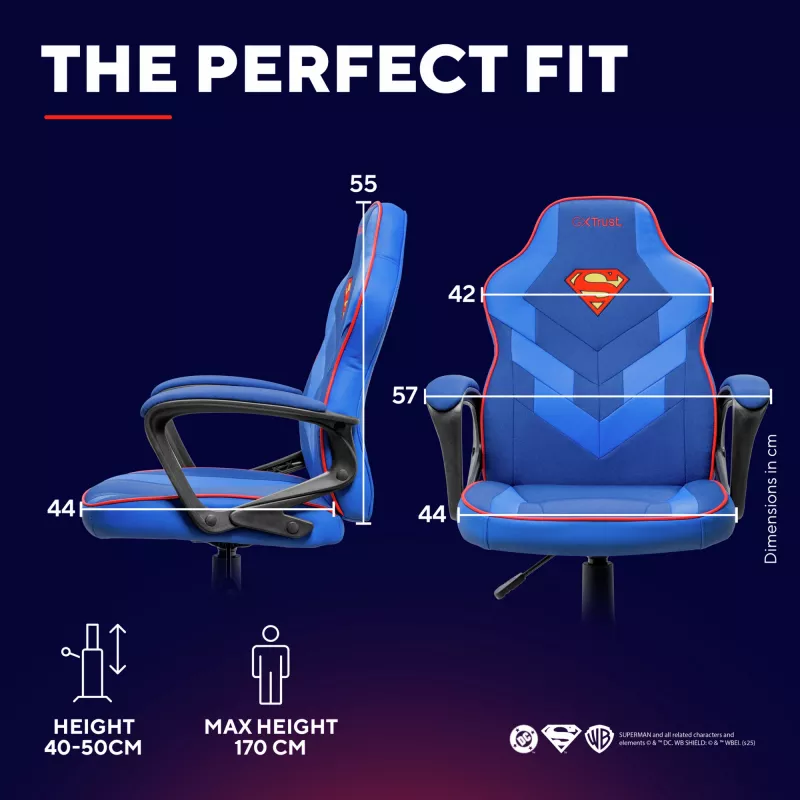 Spēļu krēsls TRUST GXT 703SM REVVO Kids Superman Blue – bērnu spēļu krēsls, ergonomiska konstrukcija, regulējamas funkcijas