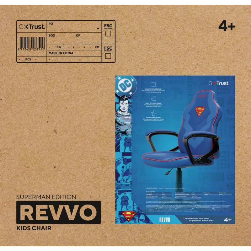 Spēļu krēsls TRUST GXT 703SM REVVO Kids Superman Blue – bērnu spēļu krēsls, ergonomiska konstrukcija, regulējamas funkcijas