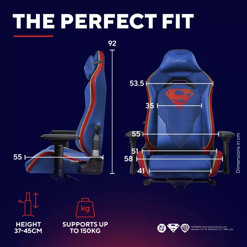 Spēļu krēsls TRUST RUYA PRO GXT721SM Superman — ergonomisks dizains, regulējams augstums