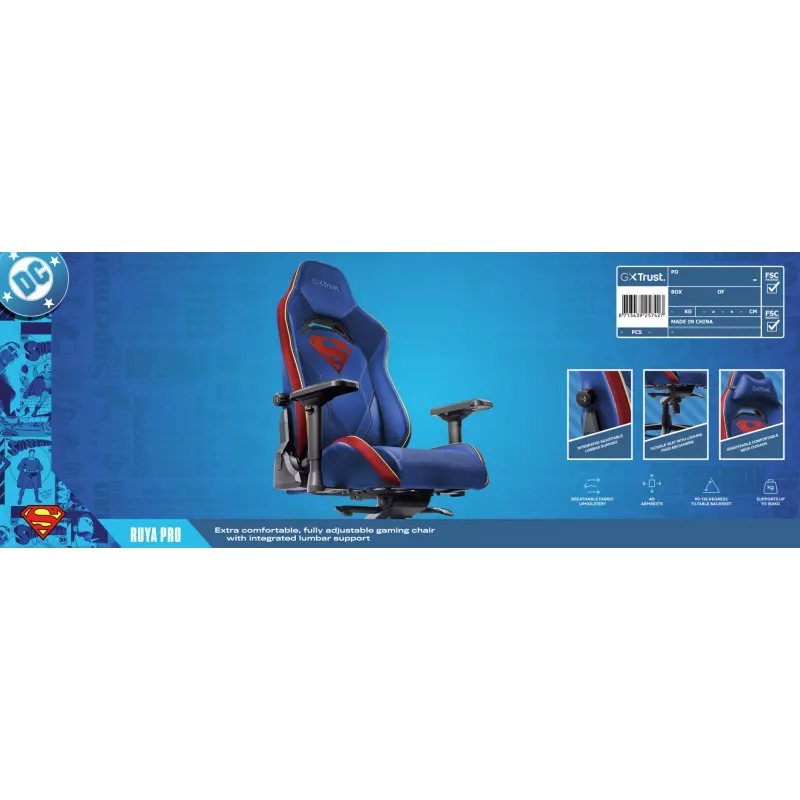 Spēļu krēsls TRUST RUYA PRO GXT721SM Superman — ergonomisks dizains, regulējams augstums