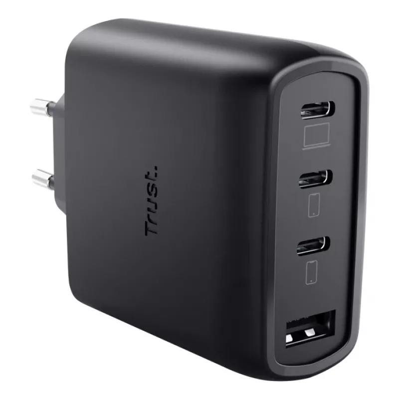 TRUST Maxo 65W iekštelpu maiņstrāvas ātrais lādētājs, 3× USB-C, maks. 20V, 2m kabelis, melns