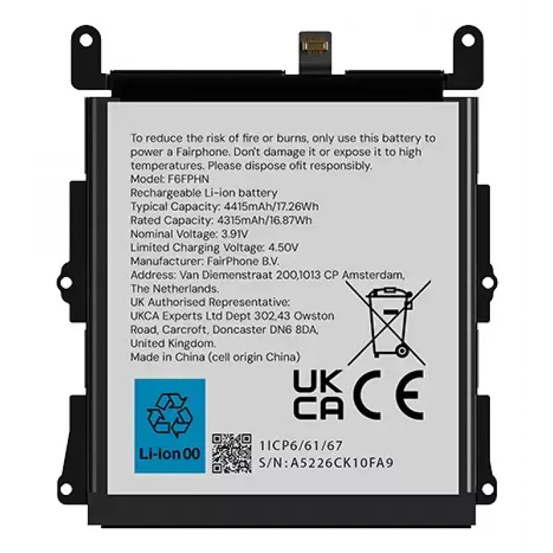 Battery Fairphone F6BATT-1ZW-WW1 Melns 68.2mm x 6.35mm