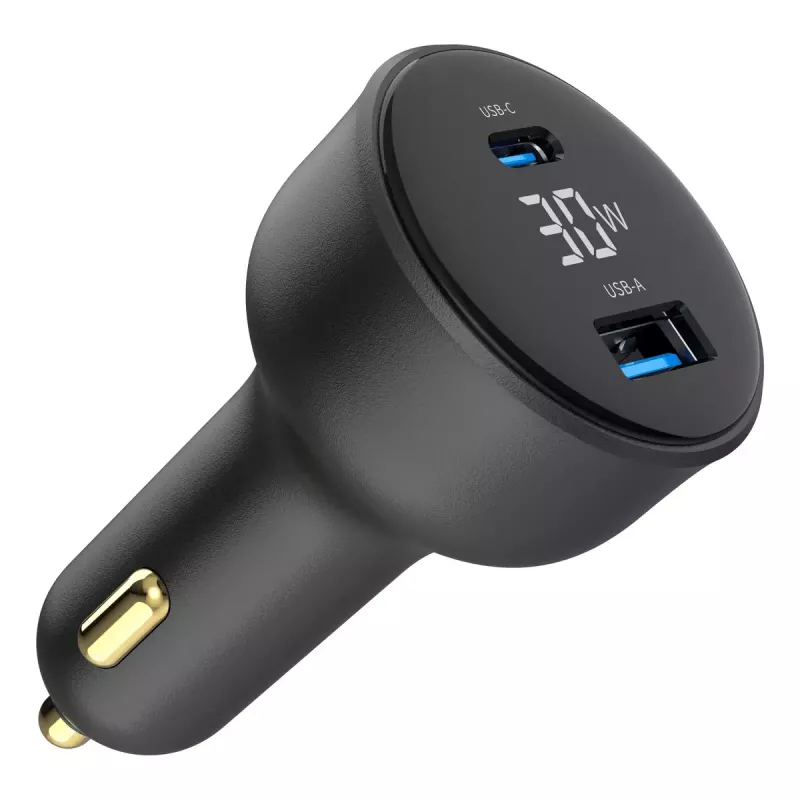 Automašīnas lādētājs Gembird TA-UC-AC2PD30LCD-CAR-01, USB-C, 30 W, 12–24 V, melns