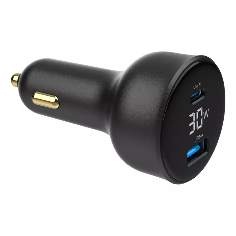 Automašīnas lādētājs Gembird TA-UC-AC2PD30LCD-CAR-01, USB-C, 30 W, 12–24 V, melns