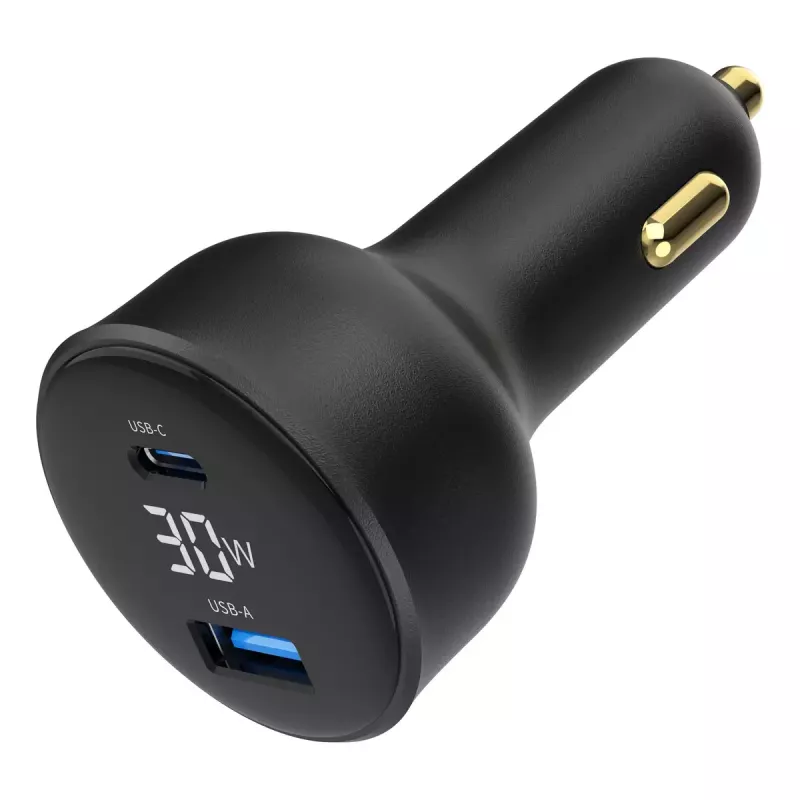 Automašīnas lādētājs Gembird TA-UC-AC2PD30LCD-CAR-01, USB-C, 30 W, 12–24 V, melns