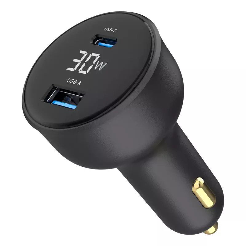 Automašīnas lādētājs Gembird TA-UC-AC2PD30LCD-CAR-01, USB-C, 30 W, 12–24 V, melns