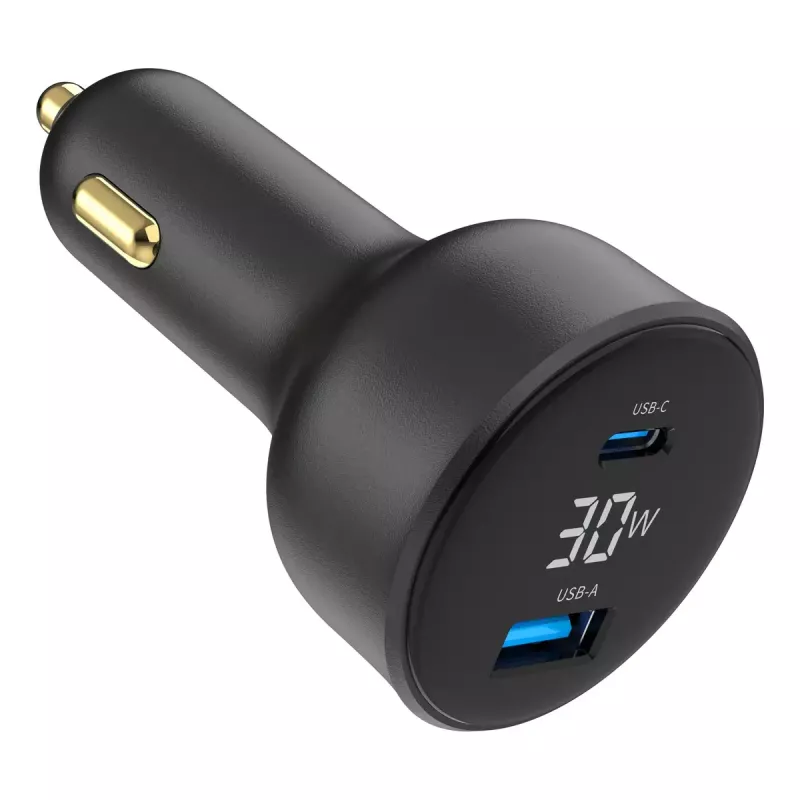 Automašīnas lādētājs Gembird TA-UC-AC2PD30LCD-CAR-01, USB-C, 30 W, 12–24 V, melns