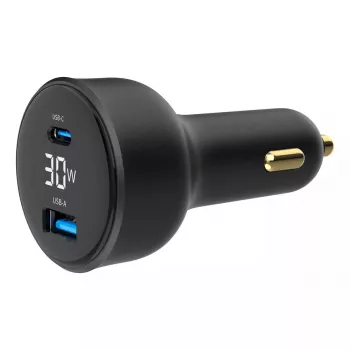 Automašīnas lādētājs Gembird TA-UC-AC2PD30LCD-CAR-01, USB-C, 30 W, 12–24 V, melns