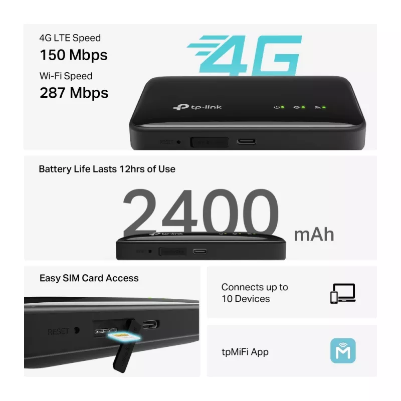 4G bezvadu maršrutētājs TP-Link M7005 Viena josla 2,4 GHz, NanoSIM, Wi-Fi 6, melns