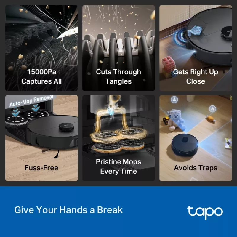 Robota putekļsūcējs TP-Link Tapo RV50 Pro Omni — 0,28 L putekļu tvertne, 5200 mAh baterija, bāzes stacija ar 3 L putekļu tvertni