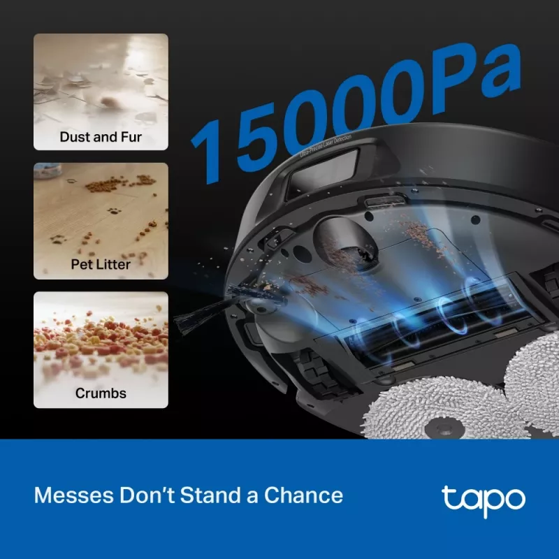 Robota putekļsūcējs TP-Link Tapo RV50 Pro Omni — 0,28 L putekļu tvertne, 5200 mAh baterija, bāzes stacija ar 3 L putekļu tvertni