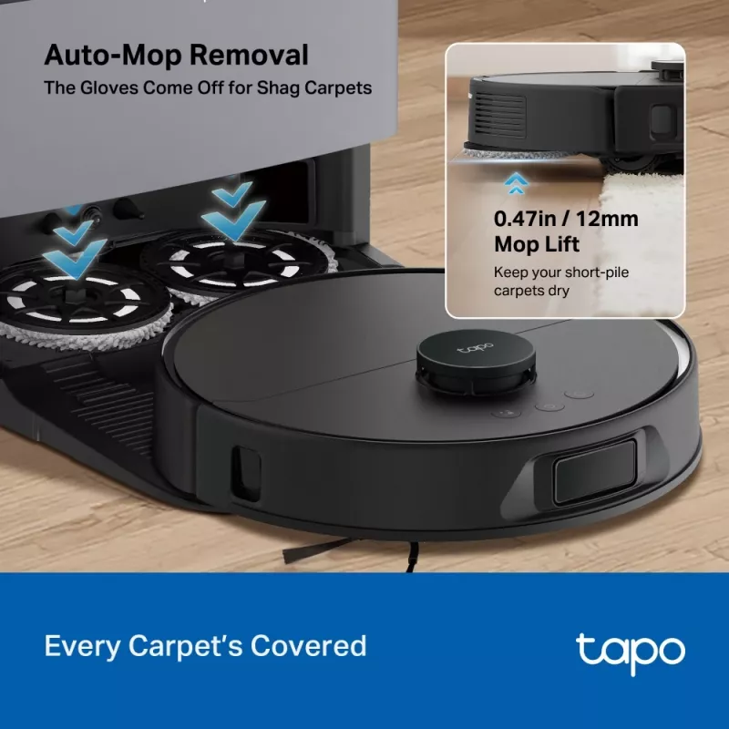 Robota putekļsūcējs TP-Link Tapo RV50 Pro Omni — 0,28 L putekļu tvertne, 5200 mAh baterija, bāzes stacija ar 3 L putekļu tvertni