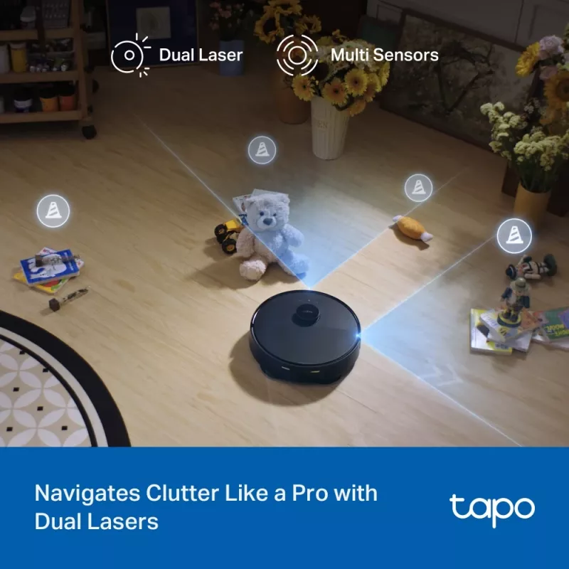 Robota putekļsūcējs TP-Link Tapo RV50 Pro Omni — 0,28 L putekļu tvertne, 5200 mAh baterija, bāzes stacija ar 3 L putekļu tvertni