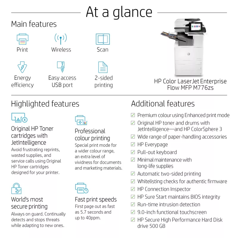 HP Color LaserJet Enterprise Flow MFP M776zs, lāzera, krāsu druka, 1200 x 1200 DPI, A3, tiešā druka, melna, balta