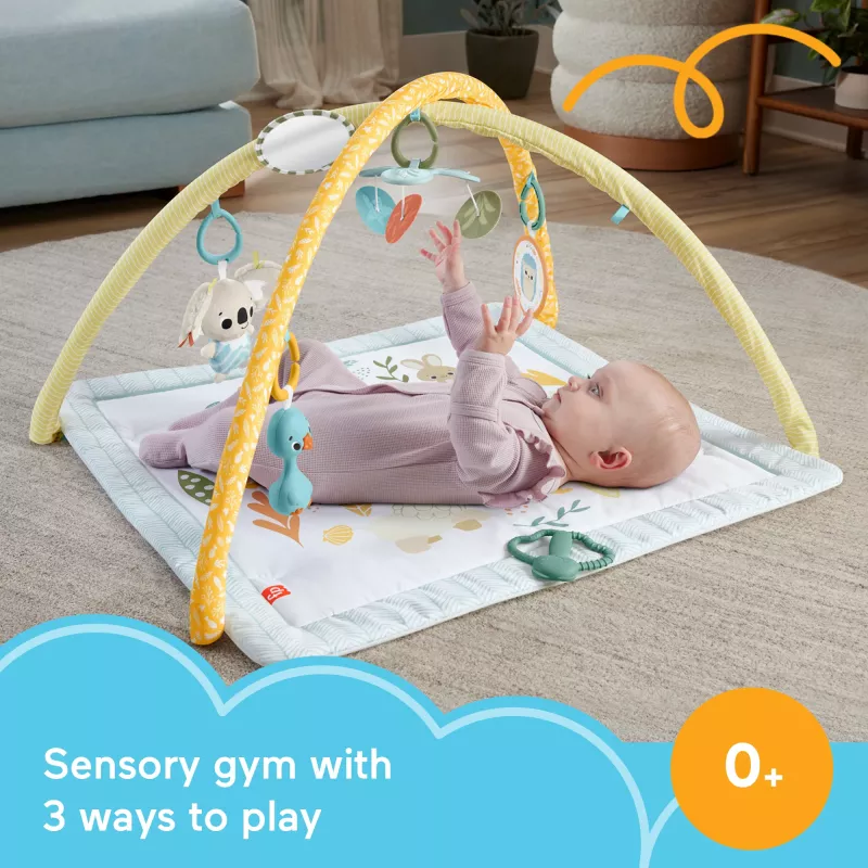 Fisher-Price Sensimals Simply Senses Newborn Gym bērnu aktivitāšu paklājiņš ar 6 sensoriskām rotaļlietām