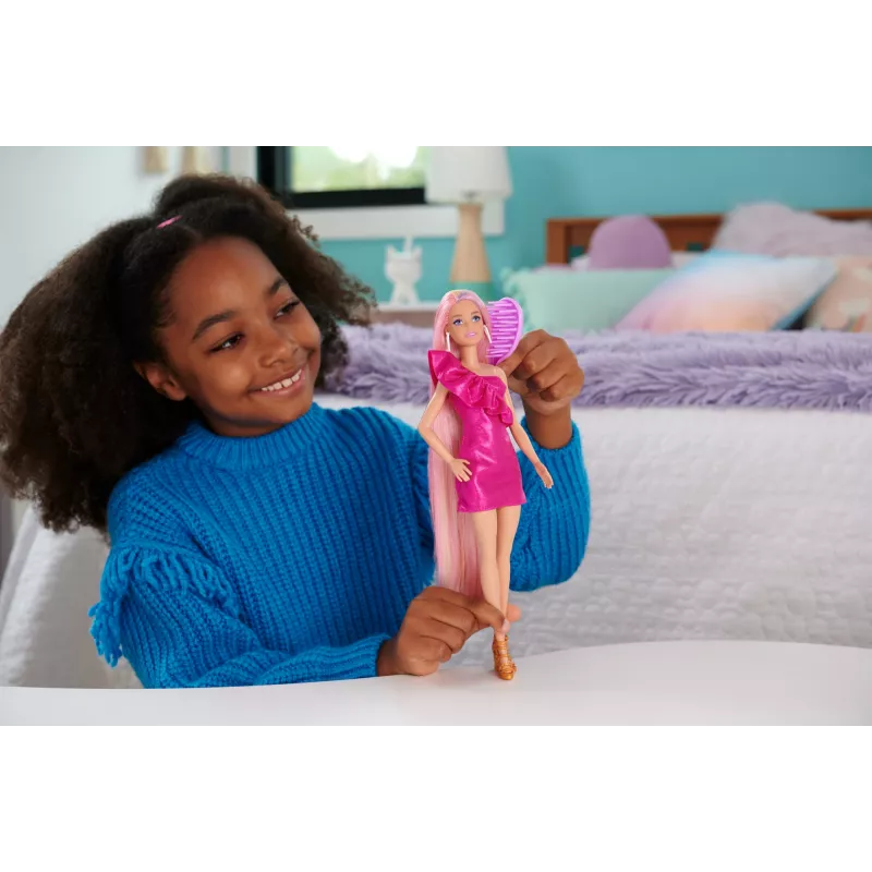 Barbie Fun & Fancy Hair lelle ar īpaši gariem, krāsainiem blondiem matiem un frizūras aksesuāriem