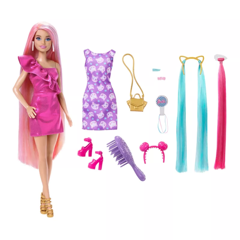 Barbie Fun & Fancy Hair lelle ar īpaši gariem, krāsainiem blondiem matiem un frizūras aksesuāriem
