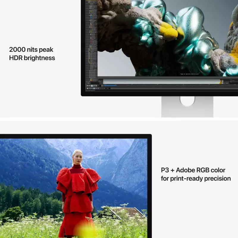 Monitors Apple Studio Display XDR — 27 collu 5K (5120×2880), LED, nano-tekstūras stikls, noliecamais un augstumā regulējamais statīvs, sudraba krāsa
