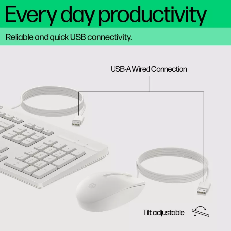 HP 225 vadu peles un tastatūras komplekts, pilna izmēra (100%), vadu, USB, balta, pele iekļauta