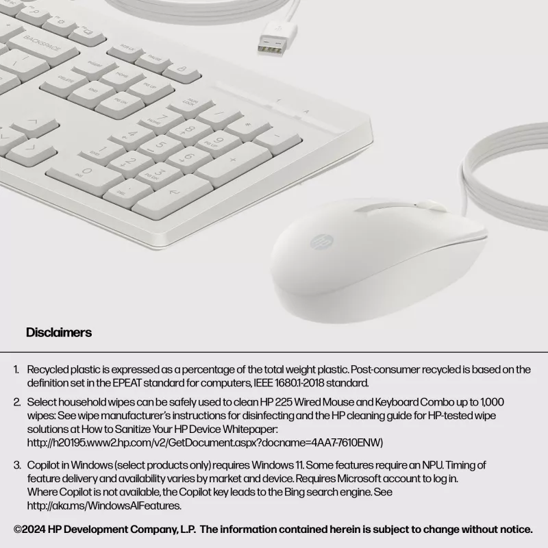 HP 225 vadu peles un tastatūras komplekts, pilna izmēra (100%), vadu, USB, balta, pele iekļauta