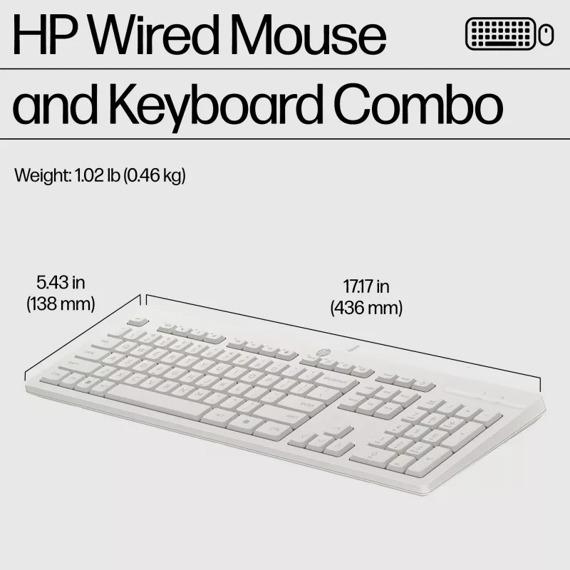 HP 225 vadu peles un tastatūras komplekts, pilna izmēra (100%), vadu, USB, balta, pele iekļauta