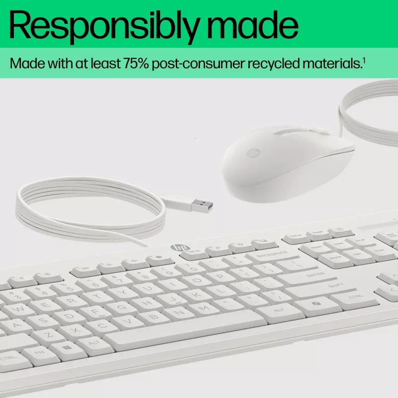 HP 225 vadu peles un tastatūras komplekts, pilna izmēra (100%), vadu, USB, balta, pele iekļauta