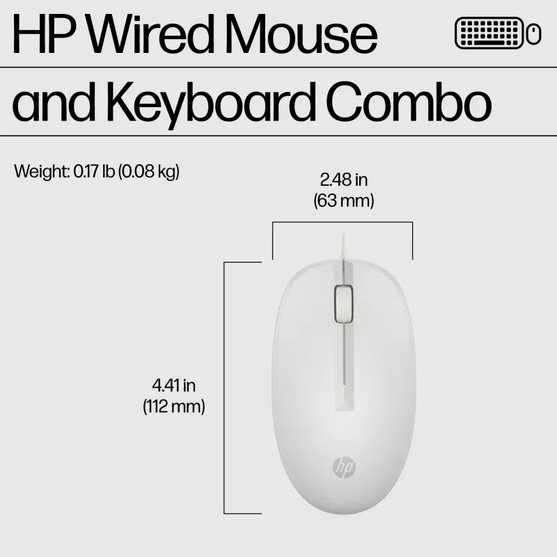 HP 225 vadu peles un tastatūras komplekts, pilna izmēra (100%), vadu, USB, balta, pele iekļauta