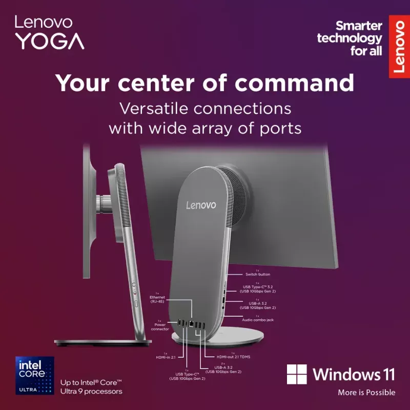 Viss-vienā galddators Lenovo Yoga AIO 9 27IAH10 — 27 collu QHD, Intel Core Ultra 7 255H, 16GB LPDDR5x, 1TB SSD, Intel Arc 140T, Windows 11 Home