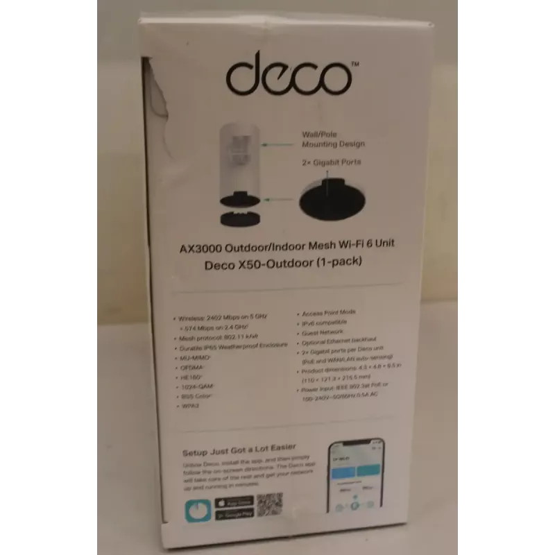 Āra Mesh Wi-Fi iekārta TP-LINK Deco X50-Outdoor AX3000 • 802.11ax • 2x Gigabit Ethernet • MU-MIMO • Mesh atbalsts • Nav mobilā platjoslas