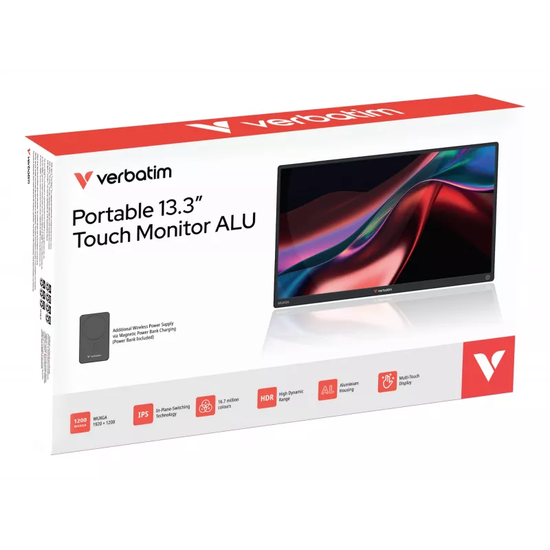 Pārnēsājams monitors VERBATIM 13,3 collu WUXGA (1920x1200) IPS skārienekrāns, baterija, USB-A/USB-C, 3,5 mm, alumīnijs, 0,925 kg