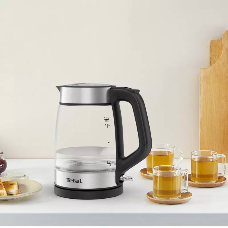 Tefal Glass Kettle KI605830 elektriskā tējkanna 1.7 L 2200 W Melna, Sudraba, Caurspīdīga