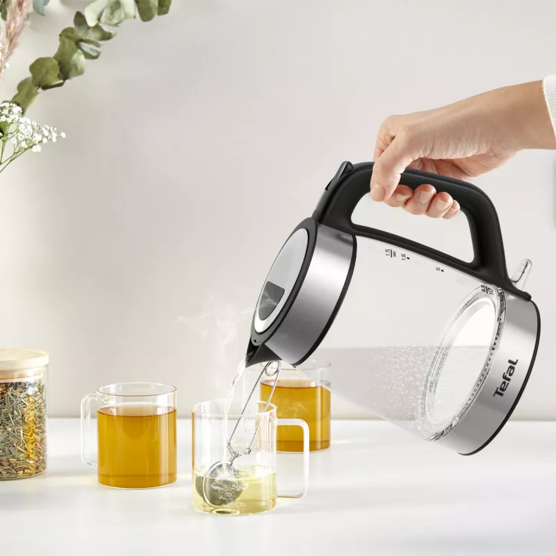Tefal Glass Kettle KI605830 elektriskā tējkanna 1.7 L 2200 W Melna, Sudraba, Caurspīdīga
