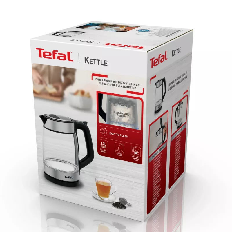 Tefal Glass Kettle KI605830 elektriskā tējkanna 1.7 L 2200 W Melna, Sudraba, Caurspīdīga