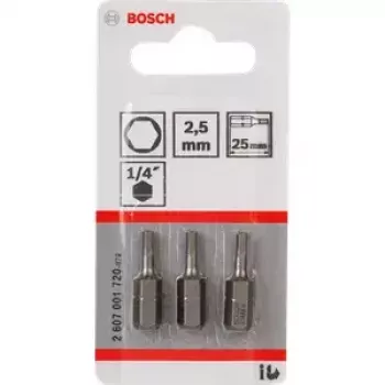 Skrūvgrieža uzgaļu komplekts Bosch 3 gab. — sešstūra drošības 2.5 mm, garums 25 mm, 1/4 collu kāts