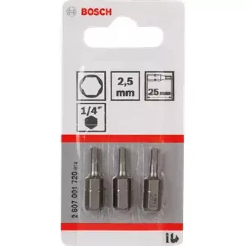 Skrūvgrieža uzgaļu komplekts Bosch 3 gab. — sešstūra drošības 2.5 mm, garums 25 mm, 1/4 collu kāts