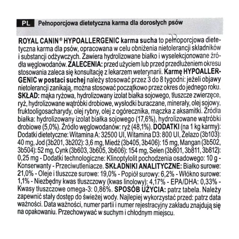 Sausā suņu barība Royal Canin Hypoallergenic Adult — 14 kg, aknu un rīsu formula, 21% olbaltumvielu, 19% tauku, bez lipekļa