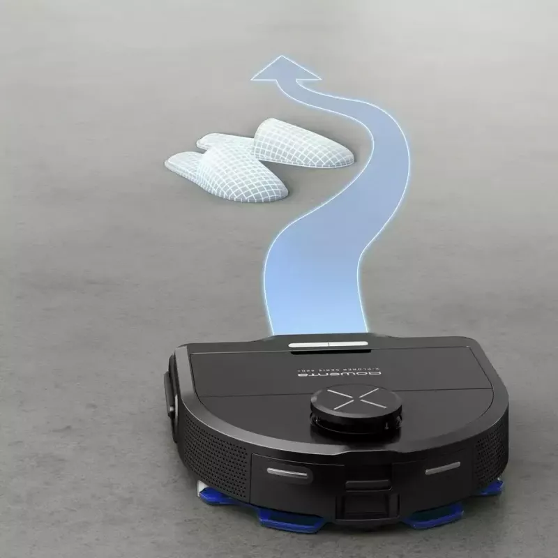 Robot vacuums Rowenta X‑Plorer RR9465WH — bezmaisa D-formas, 0,35 L putekļu tvertne, 120 min darbības laiks, Li‑Ion, 97×325×335 mm, melns