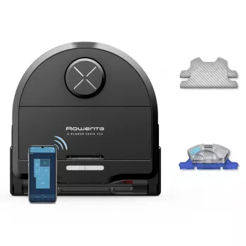 Robot vacuums Rowenta X‑Plorer RR9465WH — bezmaisa D-formas, 0,35 L putekļu tvertne, 120 min darbības laiks, Li‑Ion, 97×325×335 mm, melns