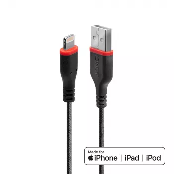 Lindy 1m Armēts USB A–Lightning kabelis, 1 m, Lightning, USB A, Vīrišķais, Vīrišķais, Melns