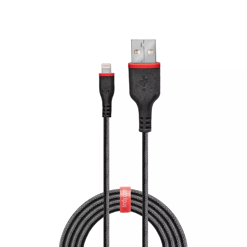 Lindy 1m Armēts USB A–Lightning kabelis, 1 m, Lightning, USB A, Vīrišķais, Vīrišķais, Melns
