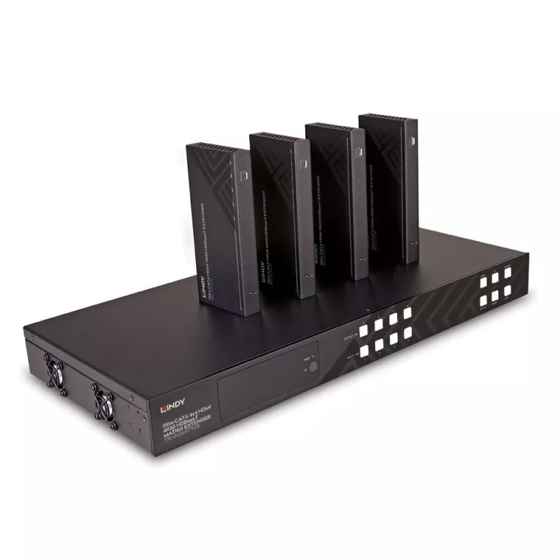 Lindy 150m Cat.6 4x4 HDMI 4K60 HDBaseT Matrix Extender, 3840 x 2160 pikseļi, AV raidītājs un uztvērējs, 150 m, vadu, melns, HDCP