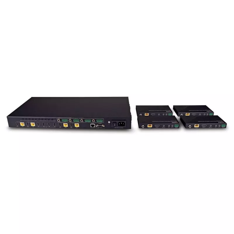 Lindy 150m Cat.6 4x4 HDMI 4K60 HDBaseT Matrix Extender, 3840 x 2160 pikseļi, AV raidītājs un uztvērējs, 150 m, vadu, melns, HDCP
