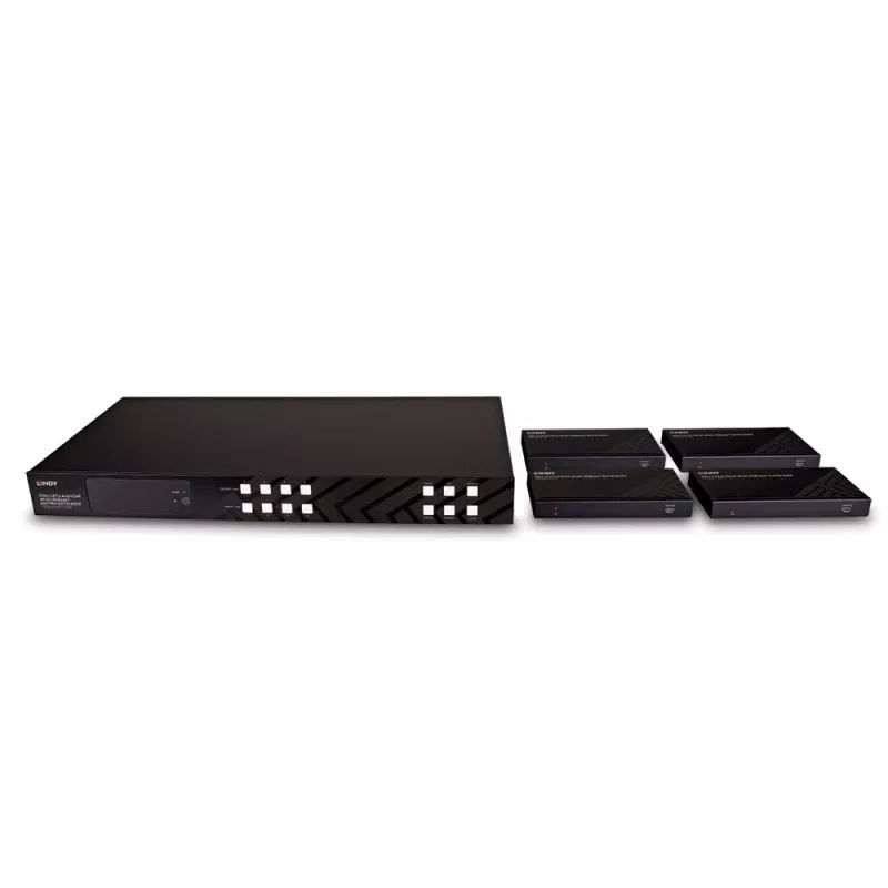 Lindy 150m Cat.6 4x4 HDMI 4K60 HDBaseT Matrix Extender, 3840 x 2160 pikseļi, AV raidītājs un uztvērējs, 150 m, vadu, melns, HDCP