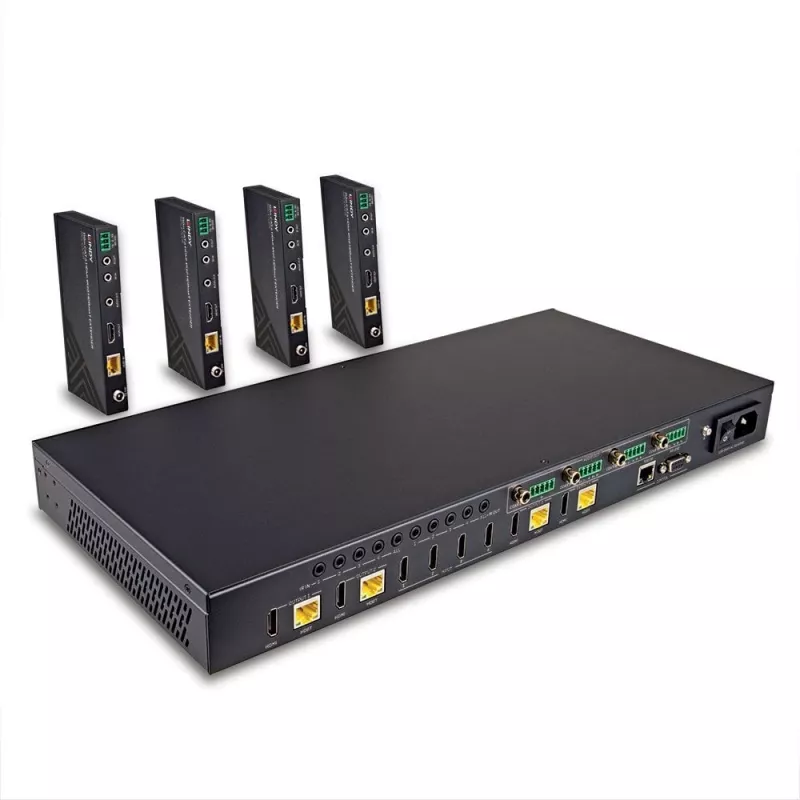 Lindy 150m Cat.6 4x4 HDMI 4K60 HDBaseT Matrix Extender, 3840 x 2160 pikseļi, AV raidītājs un uztvērējs, 150 m, vadu, melns, HDCP