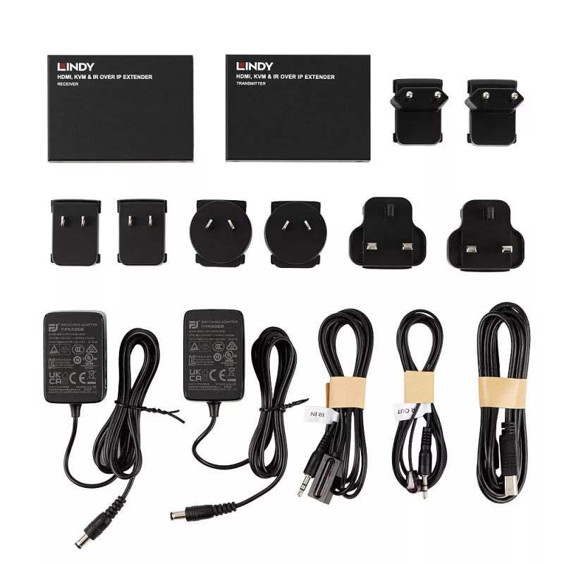 Lindy HDMI, KVM un IR paplašinātājs caur IP, raidītājs un uztvērējs, vadu, 150 m, Cat5e, Cat6, melns, metāls