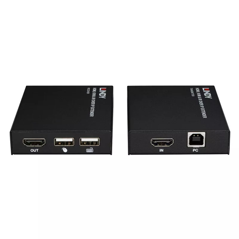 Lindy HDMI, KVM un IR paplašinātājs caur IP, raidītājs un uztvērējs, vadu, 150 m, Cat5e, Cat6, melns, metāls