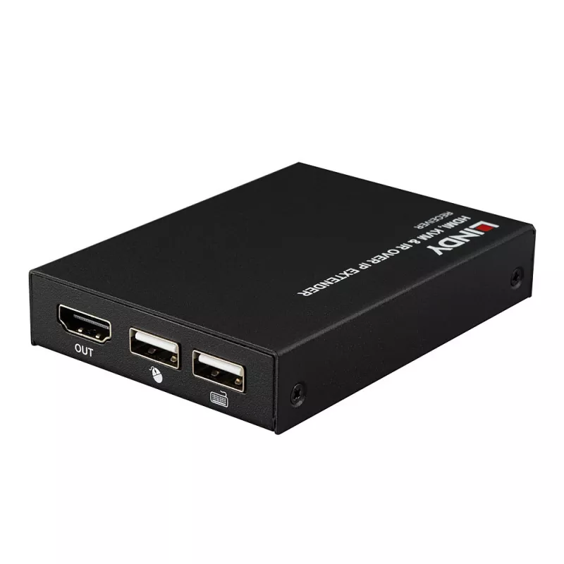 Lindy HDMI, KVM un IR paplašinātājs, izmantojot IP, uztvērējs, raidītājs un uztvērējs, vadu, 150 m, Cat5e, Cat6, melns, metāls