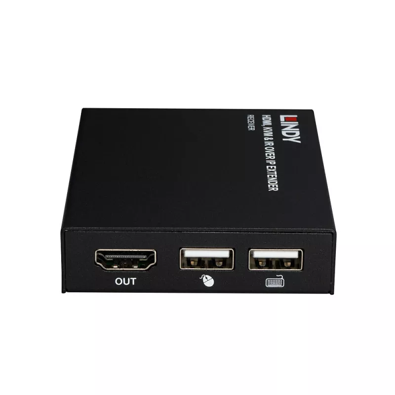 Lindy HDMI, KVM un IR paplašinātājs, izmantojot IP, uztvērējs, raidītājs un uztvērējs, vadu, 150 m, Cat5e, Cat6, melns, metāls