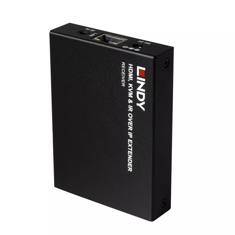 Lindy HDMI, KVM un IR paplašinātājs, izmantojot IP, uztvērējs, raidītājs un uztvērējs, vadu, 150 m, Cat5e, Cat6, melns, metāls