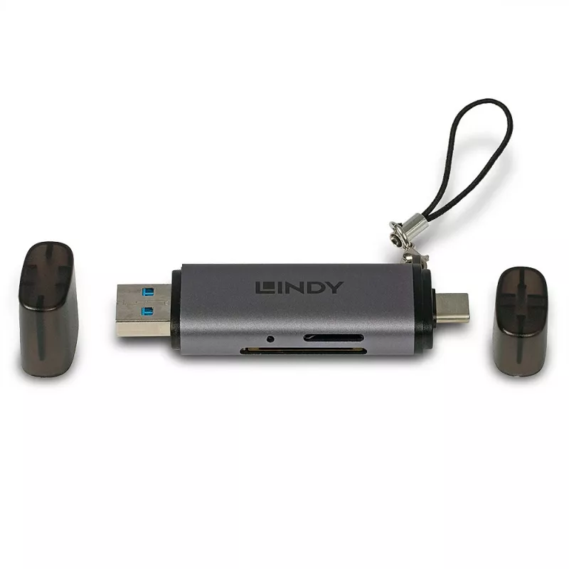 Lindy USB 3.2 Type C and A SD / Micro SD karšu lasītājs, MiniSD, SD, Melns, Pelēks, 5000 Mbit/s, USB 3.2 Gen 1 (3.1 Gen 1) Type-A/Type-C, 78.5 mm, 22.5 mm